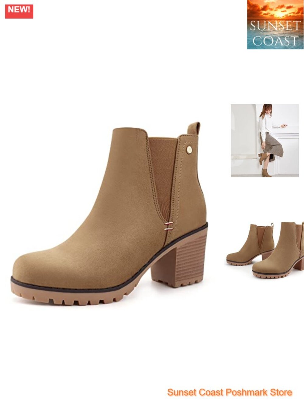 Suede Ankle Booties Slip On Chelsea Boots Block Heel Round Toe